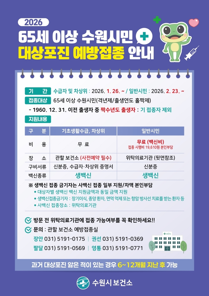 65세 이상 수원시민 대상포진 예방접종 안내